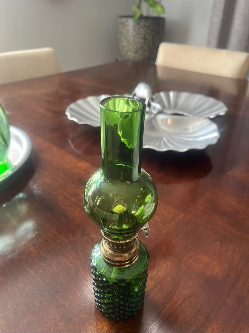 Green 1950-1960 Hobnail Glass Oil Lamp Brass Detail- Decorative Home Accent- 9”